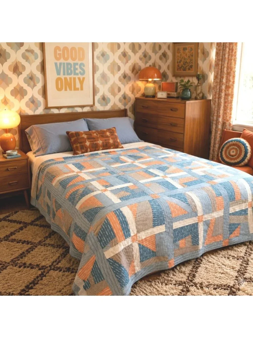 Vintage 1970's Polyester Strip Patchwork Quilt Blanket Retro Hippie 98x94